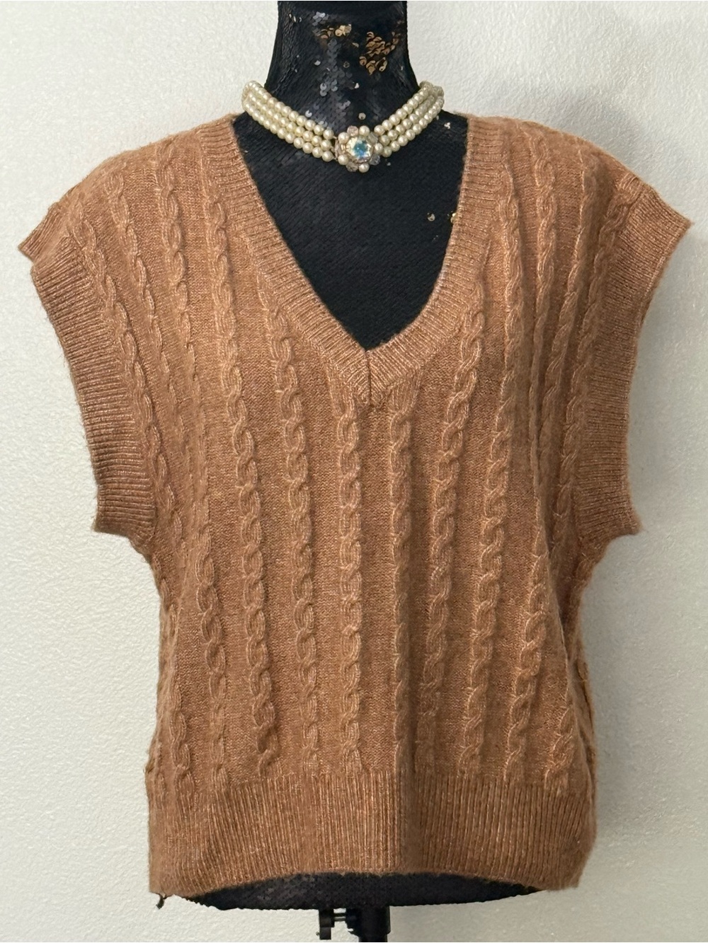 Cupcakes and Cashmere V-Neck Cable Knit Sweater Vest - Camel Size M